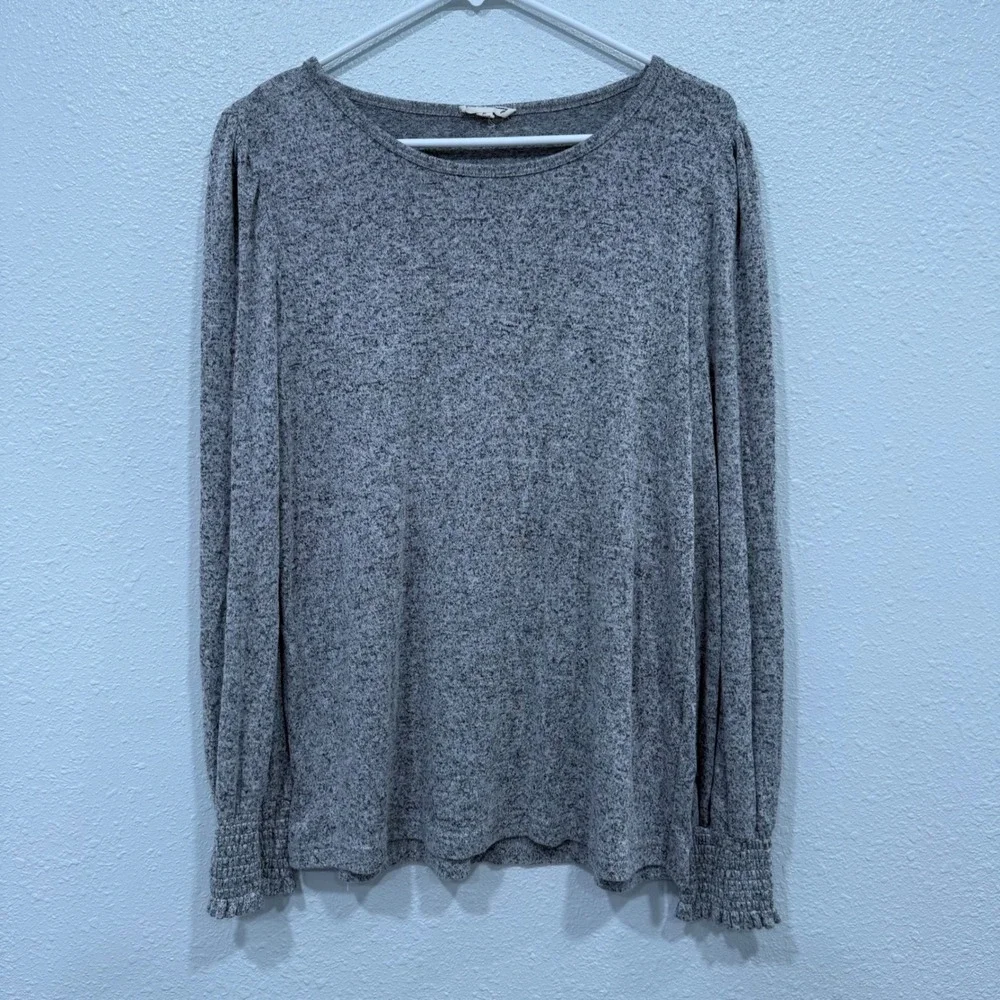 June & Delancey Grey Marl Knit Top Puffed Shoulder Smocked Cuff Womens Medium‎